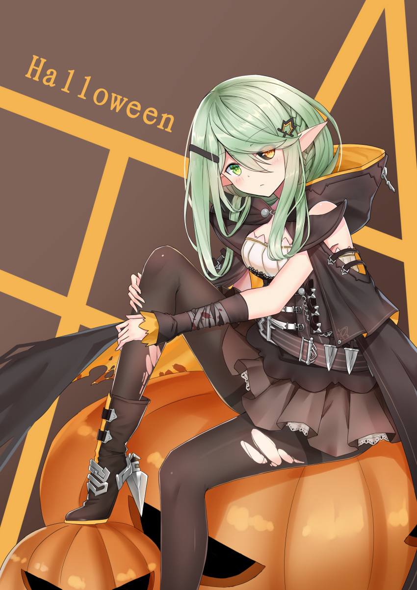 absurdres arm_warmers bandages belt black_cape black_footwear black_legwear black_sclera blush boots braid breasts brown_background brown_skirt cape full_body girls_frontline green_eyes green_hair hair_ornament hairclip halloween hand_on_own_leg heterochromia highres hood hood_down jack-o'-lantern knee_up knife long_hair looking_at_viewer medium_breasts mismatched_sclera pantyhose pointy_ears shaoxiao simple_background sitting skirt solo tac-50_(girls_frontline) torn_clothes torn_legwear