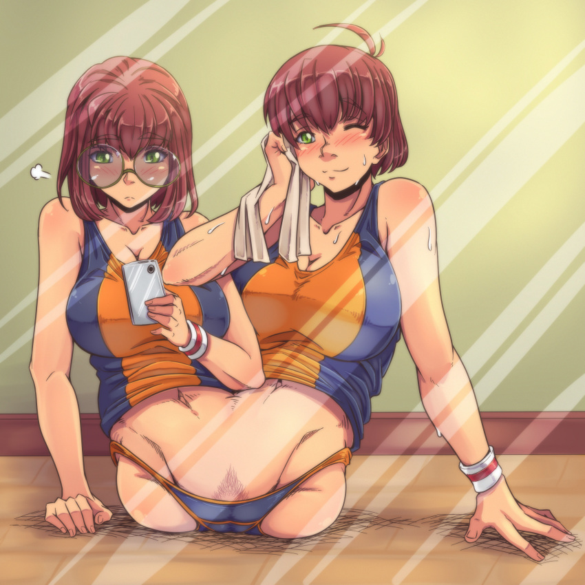 2girls amputee belly blush breasts eyebrows eyewear gammatelier glasses green_eyes multiple_girls pubic_hair shirt short_hair sitting smile stomach wristband