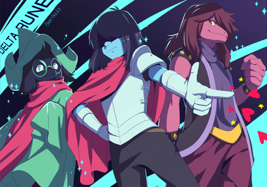 &lt;3 ambiguous_gender armor bente36 black_fur boss_monster caprine deltarune dragon english_text eyewear fur girly glasses hat human kris_(deltarune) mammal ralsei scalie scarf susie_(deltarune) text undertale video_games