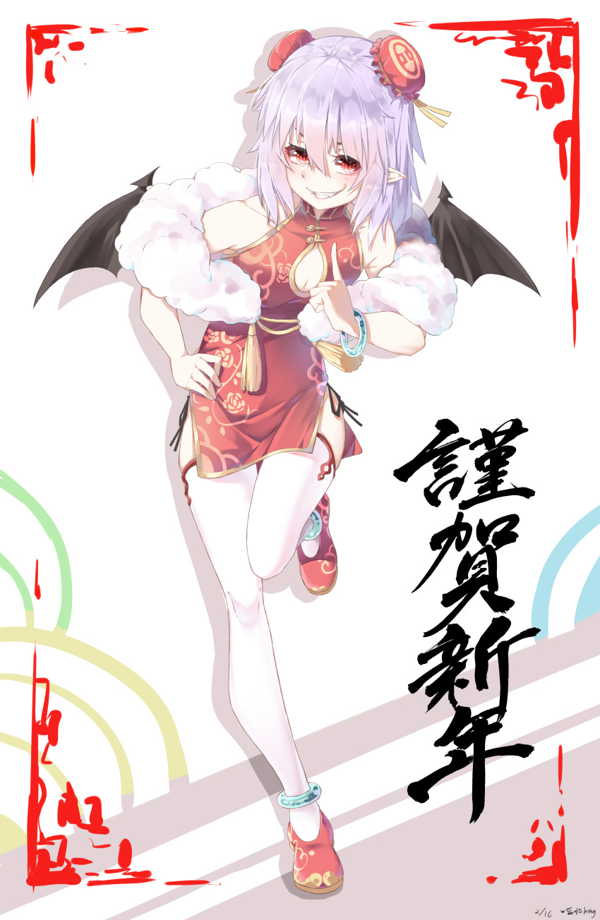 absurdres alternate_costume anklet bare_shoulders bat_wings black_legwear black_panties black_wings breasts bun_cover china_dress chinese_clothes chinese_commentary cleavage_cutout collarbone commentary_request double_bun dress fangs full_body gala_king grin hair_between_eyes highres index_finger_raised jewelry lavender_hair looking_at_viewer panties pointy_ears red_dress red_eyes red_footwear remilia_scarlet shoes short_dress side-tie_panties small_breasts smile solo standing standing_on_one_leg teeth thighhighs touhou underwear wings