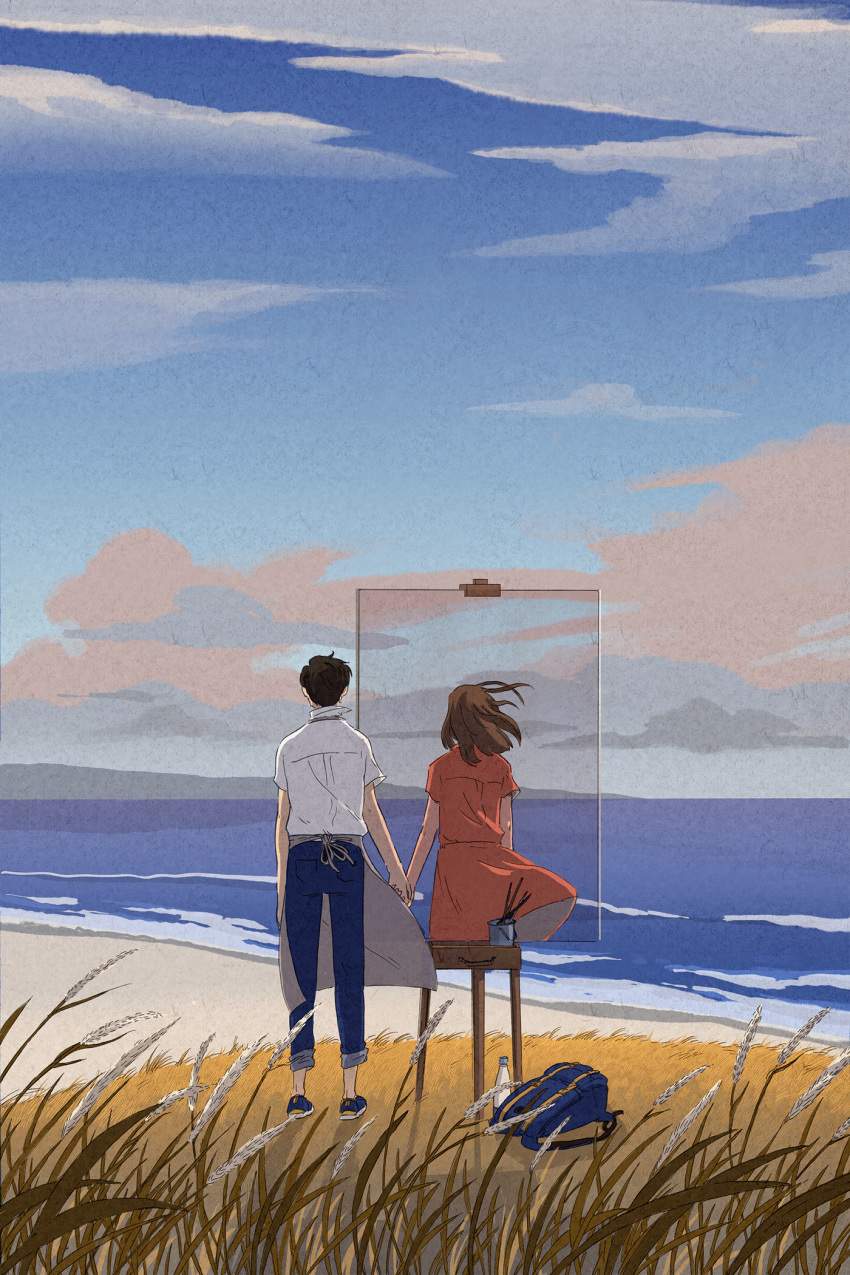 1girl 2d_dating apron beach black_hair brown_hair cloud cloudy_sky commentary day denim dion_mbd easel from_behind highres holding_hands jeans ocean original painting pants sky when_you_see_it