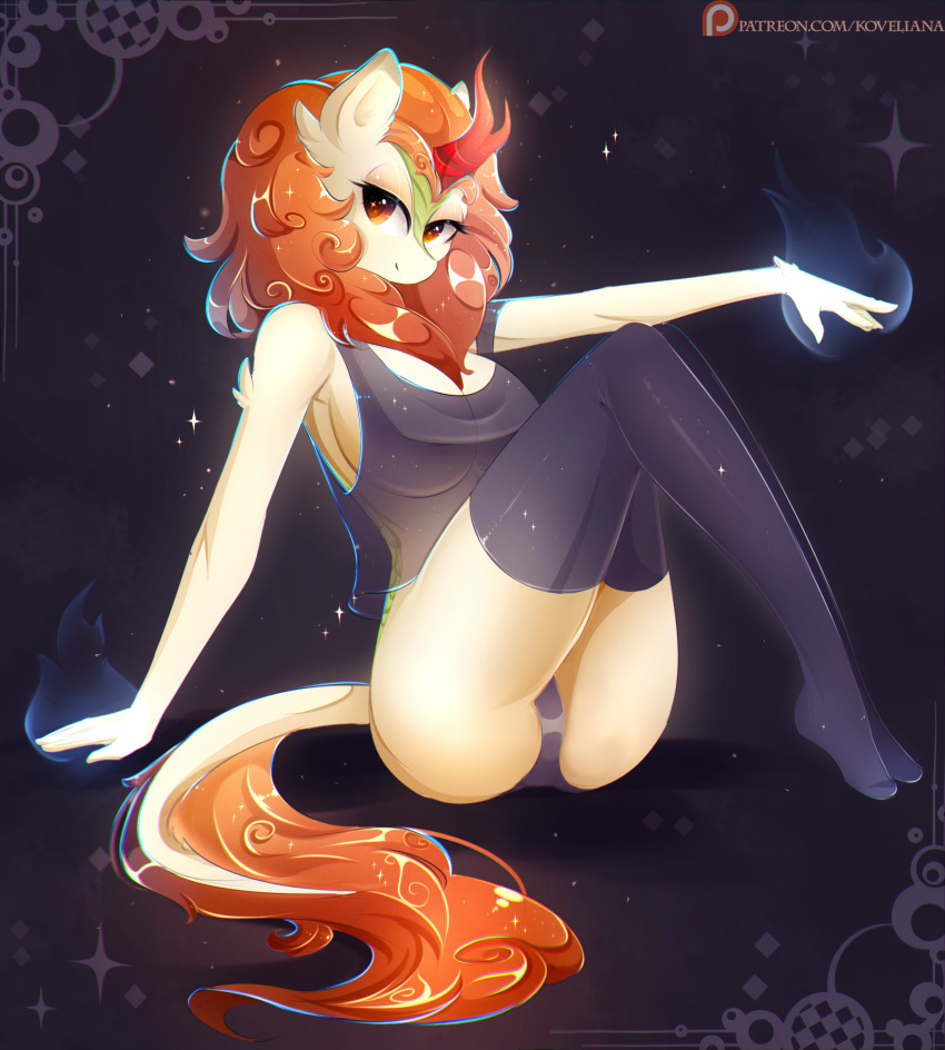 2018 absurd_res anthro anthrofied autumn_blaze_(mlp) breasts brown_eyes cleavage clothed clothing female fire friendship_is_magic hair hi_res horn kirin koveliana legwear my_little_pony orange_hair portrait sitting solo sparkles stockings