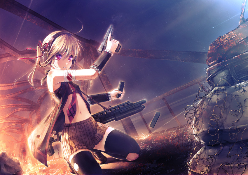 aruciii blonde_hair braids gun headphones long_hair navel original pink_eyes ruins skirt sky thighhighs tie torn_clothes twintails weapon