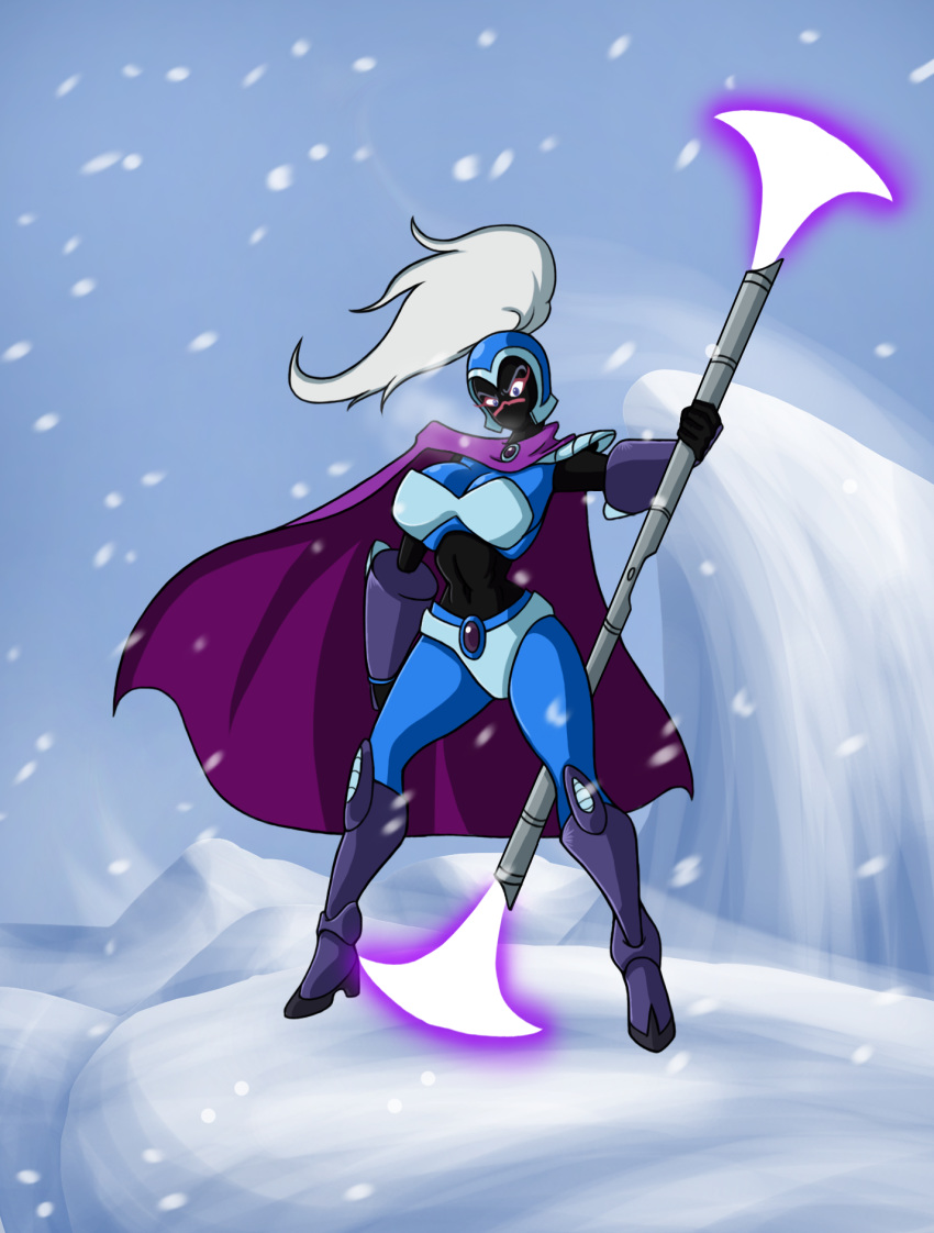 alien armor big_breasts breasts cleavage clothed clothing duck_dodgers female hair helmet hi_res holding_object holding_weapon humanoid looking_at_viewer lordstevie martian navel not_furry outside purple_eyes queen_tyr'ahnee snow solo weapon white_hair