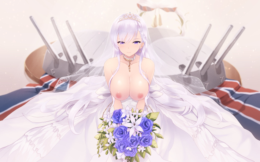 absurdres areolae azur_lane bangs belfast_(azur_lane) blue_eyes blurry blurry_background blush bouquet braid breasts breasts_outside bridal_veil bride cait cannon cleavage collar collarbone dress earrings eyebrows_visible_through_hair flower french_braid gloves gold gold_trim highres holding holding_bouquet huge_filesize jewelry large_breasts long_hair looking_at_viewer machinery maid_headdress nipples paid_reward patreon_reward rigging shiny shiny_skin sidelocks silver_collar silver_hair sitting smile solo strapless strapless_dress tiara union_jack veil wedding_dress white_dress