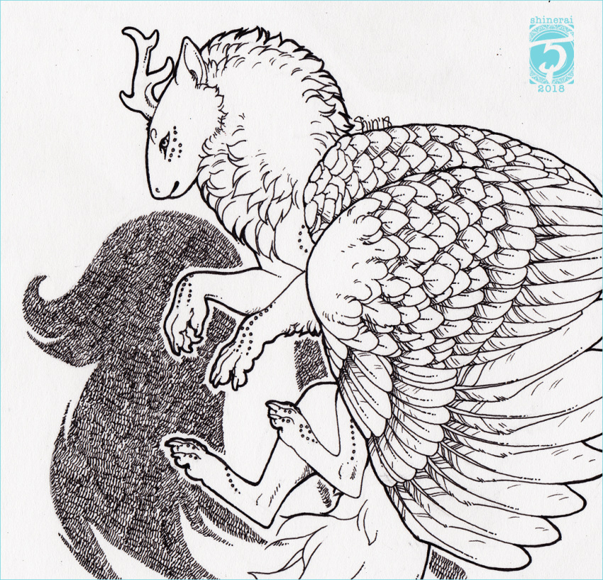 2018 ambiguous_gender dragon feathered_dragon feathers feral shinerai sketch solo traditional_media_(artwork)