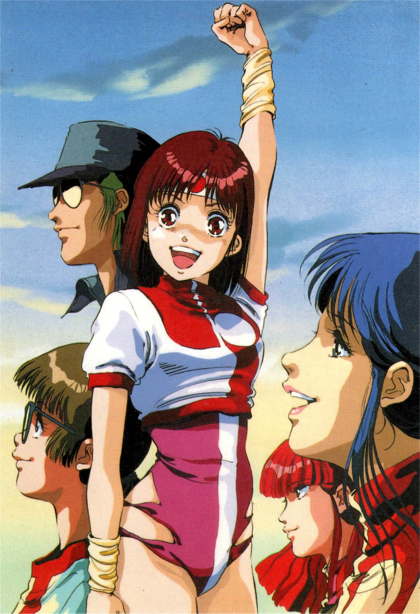 4girls 80s amano_kazumi arm_up blue_eyes blue_hair brown_eyes brown_hair gainax hat headband highres higuchi_kimiko jung_freud leotard lipstick long_hair looking_at_viewer makeup mikimoto_haruhiko multiple_girls official_art oldschool open_mouth profile red_eyes red_hair scan short_hair short_sleeves sunglasses takaya_noriko top_wo_nerae! upper_teeth wristband