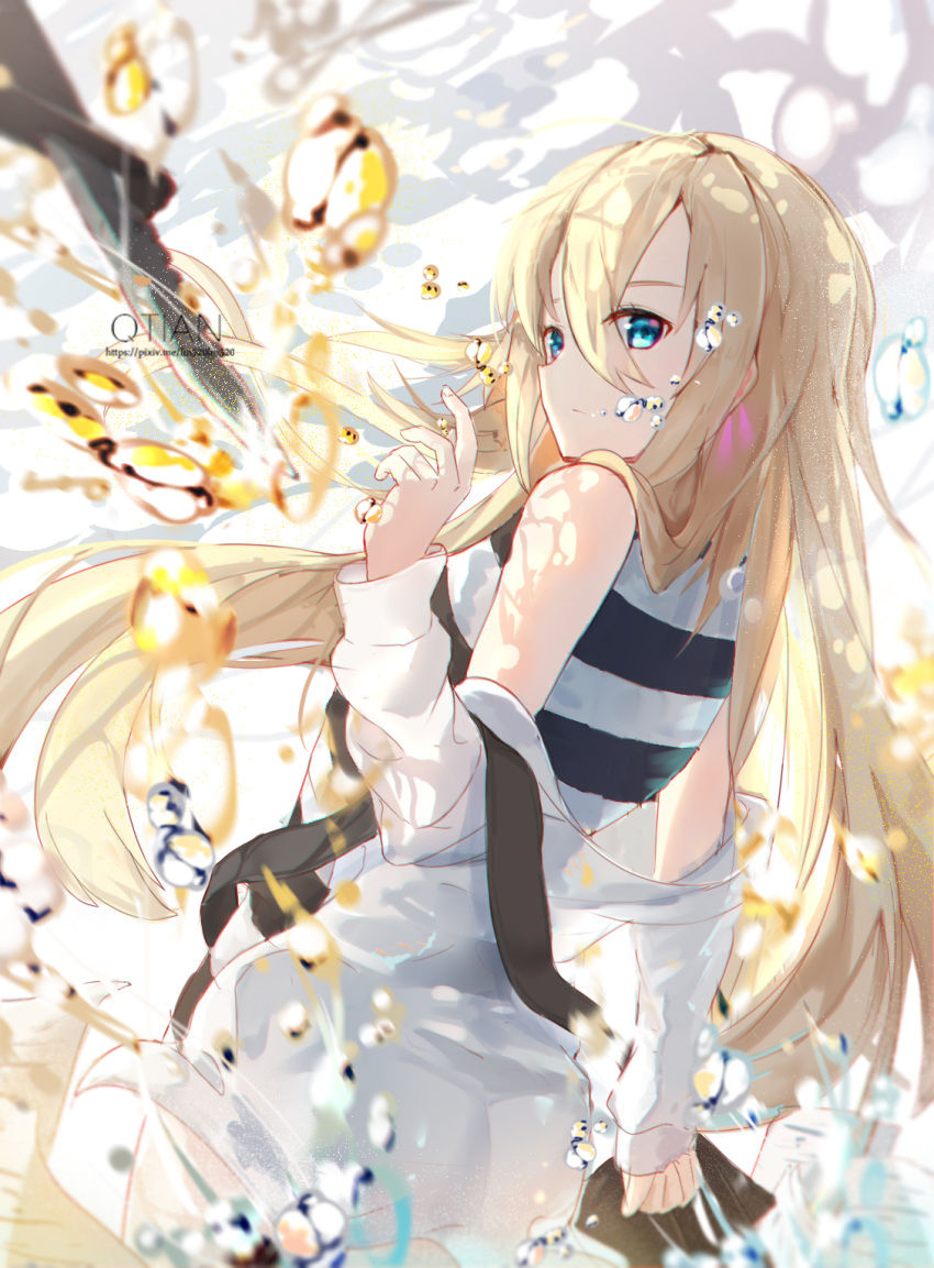 blonde_hair blue_eyes bubble clothes_down floating_hair hair_between_eyes highres lm520lm520 long_hair rachel_gardner satsuriku_no_tenshi shirt solo striped striped_shirt underwater very_long_hair watermark web_address