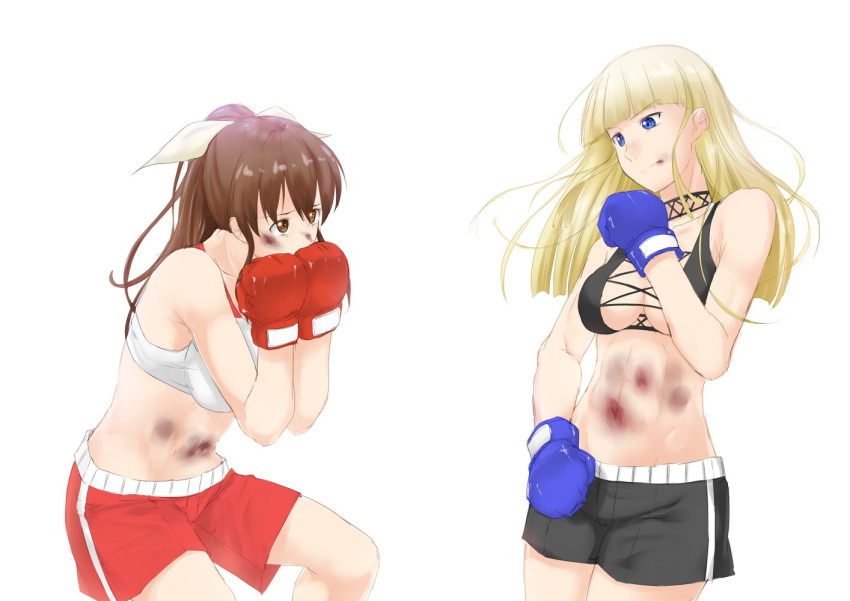 blonde_hair blood blue_eyes blush bow boxing boxing_gloves boxing_shorts breasts brown_hair bruise gloves hair_bow in_the_face injury long_hair multiple_girls niwatazumi original ryona short_hair shorts simple_background solo sweat white_background