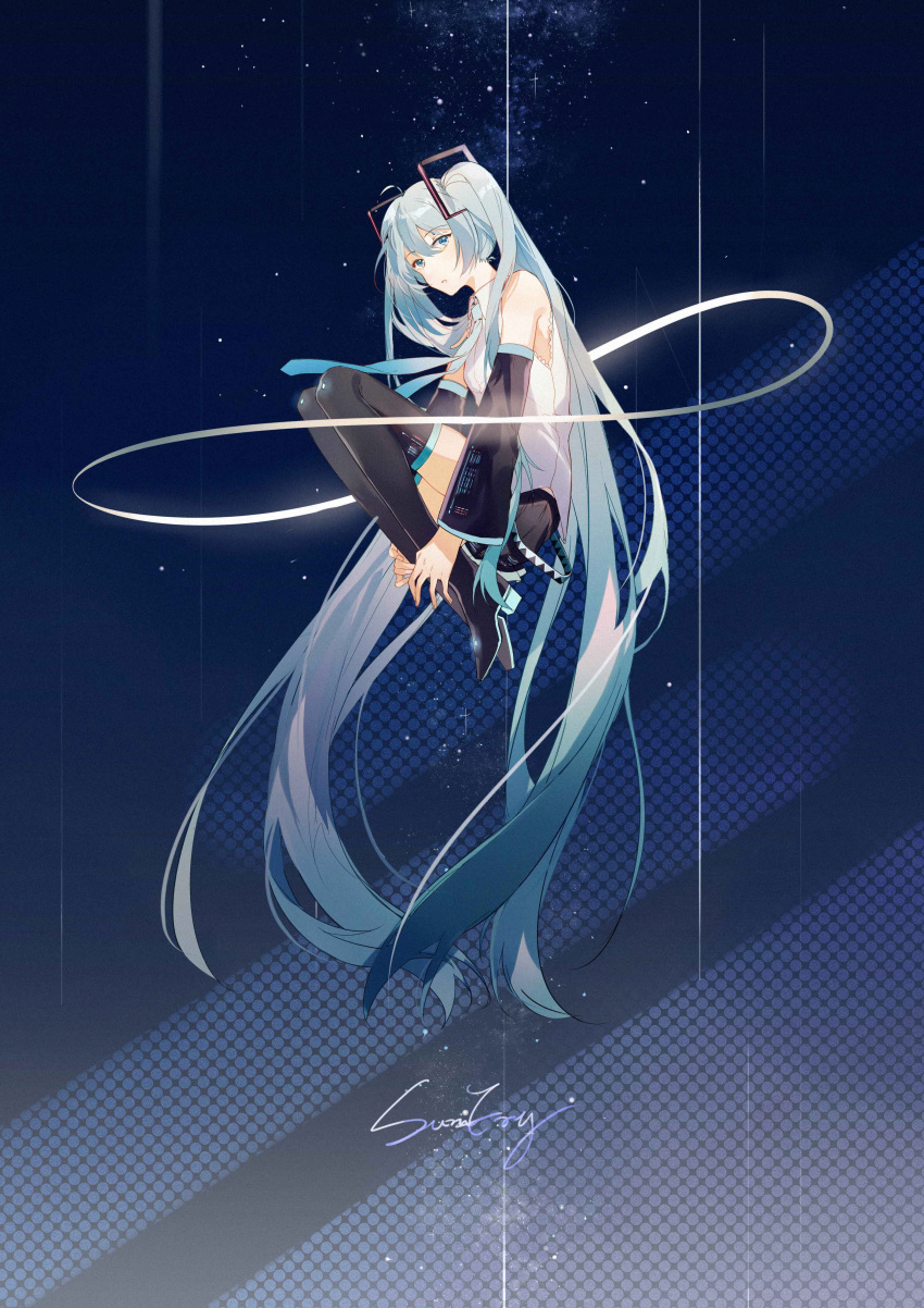 :o absurdly_long_hair absurdres artist_name bare_shoulders blue_background blue_eyes blue_hair blue_neckwear clothes_lift commentary detached_sleeves expressionless eyebrows_visible_through_hair fingernails floating_hair full_body gradient gradient_background hand_on_own_leg hatsune_miku highres infinity long_hair looking_at_viewer night night_sky open_mouth polka_dot polka_dot_background shirt signature simple_background skirt sky sleeveless sleeveless_shirt solo star star_(sky) starry_background starry_sky sumery symbol_commentary thighhighs thighs twintails very_long_hair vocaloid white_shirt