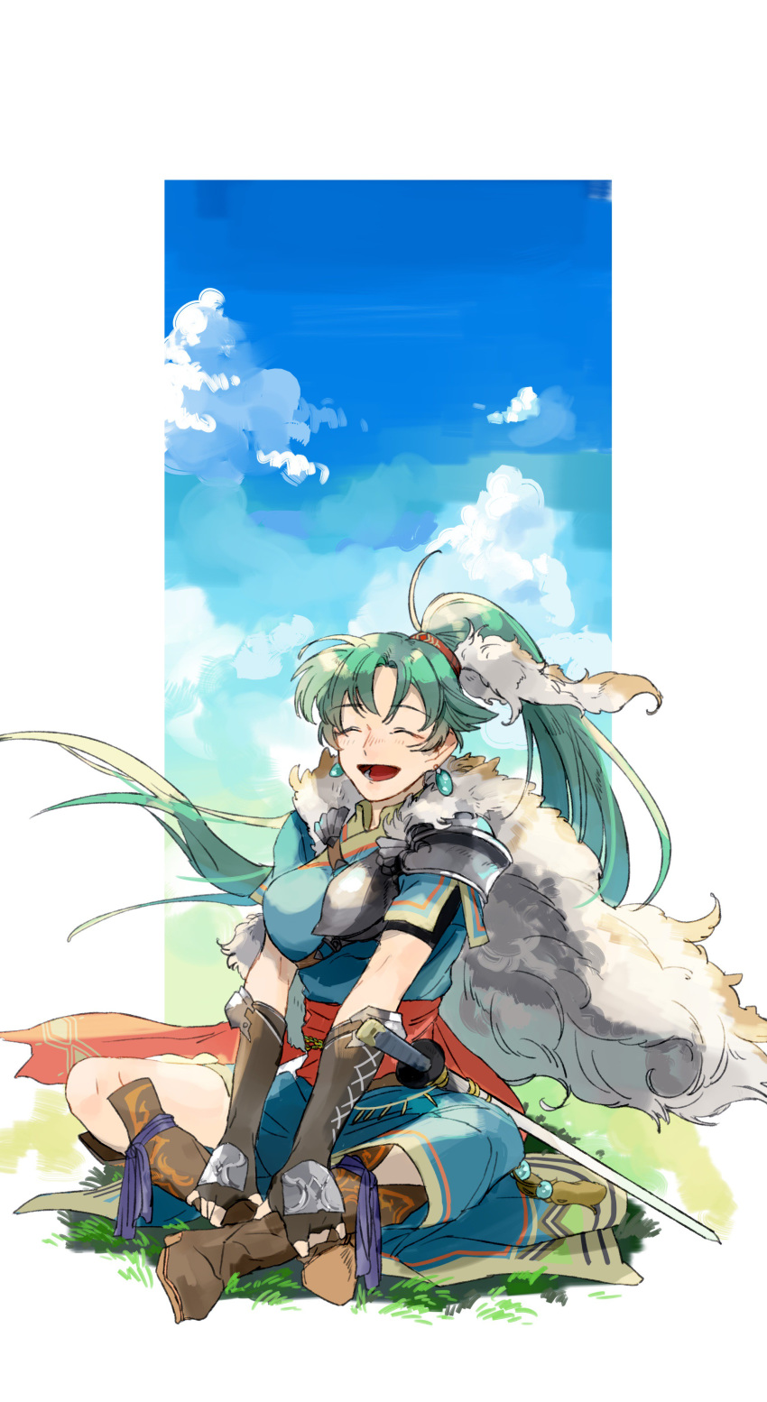 ^_^ absurdres closed_eyes day earrings facing_viewer fingerless_gloves fire_emblem fire_emblem:_rekka_no_ken fire_emblem_heroes gloves green_hair high_ponytail highres jewelry long_hair lyndis_(fire_emblem) nonomori_(anst_nono) open_mouth pelvic_curtain ponytail side_slit sky smile solo very_long_hair weapon