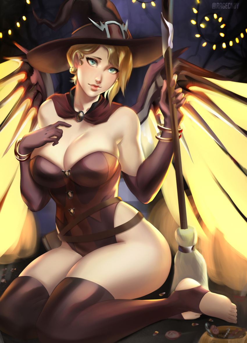 absurdres adapted_costume asymmetrical_hair blonde_hair blue_eyes book bracelet breasts brown_gloves brown_legwear candy cleavage earrings elbow_gloves feet food gloves halloween hat highleg highleg_leotard highres jack-o'-lantern jack-o'-lantern_earrings jewelry leotard looking_at_viewer mechanical_wings mercy_(overwatch) overwatch ragecndy short_hair sitting solo strap strapless strapless_leotard thighhighs toeless_legwear toes wings witch witch_hat witch_mercy yokozuwari