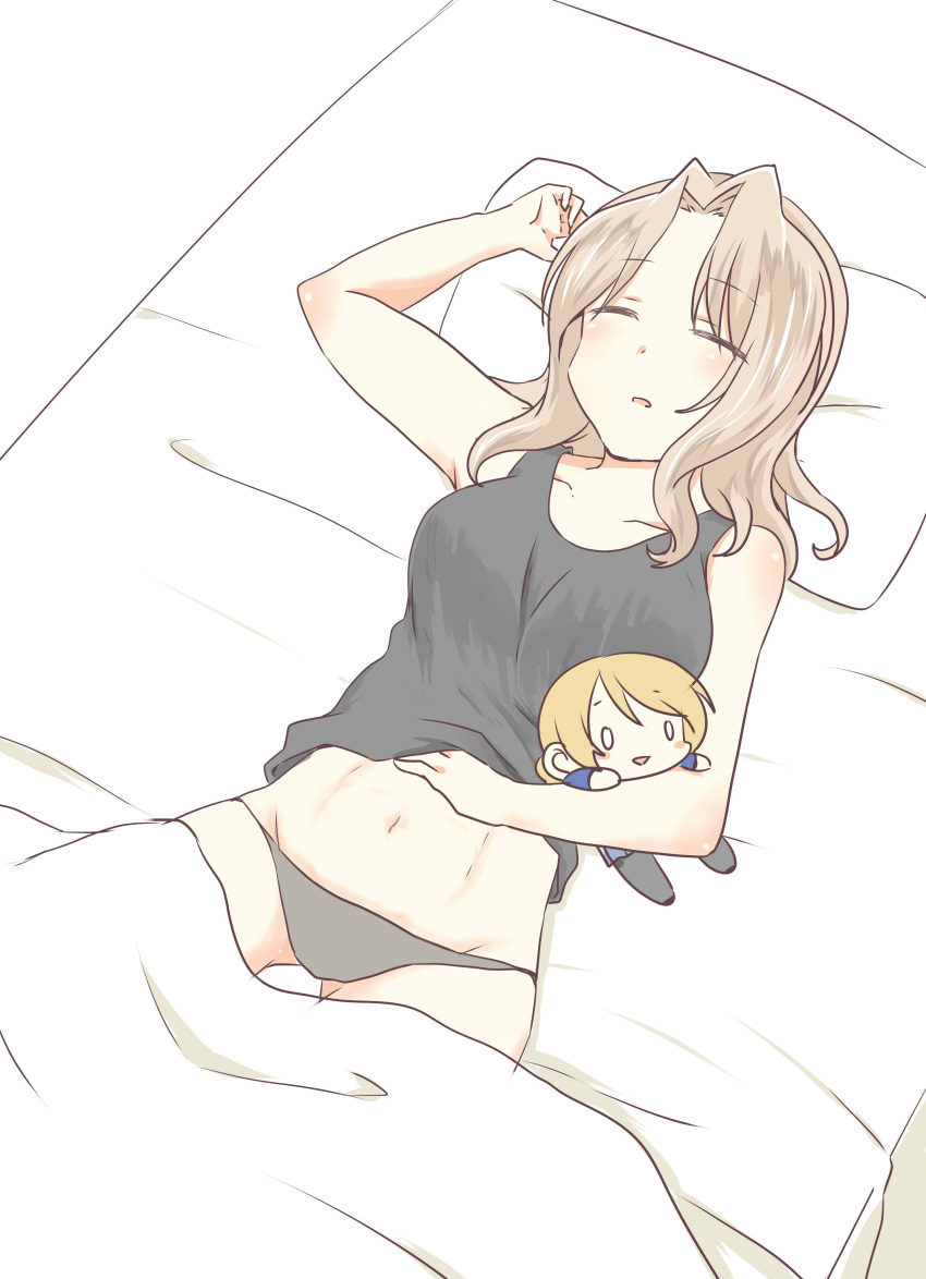 absurdres arm_up bed bed_sheet black_panties black_shirt blonde_hair character_doll closed_eyes closed_mouth commentary darjeeling from_above girls_und_panzer hair_intakes highres kay_(girls_und_panzer) long_hair lying navel on_back on_bed panties pillow shirt sleeping solo tank_top underwear underwear_only zol_(rambling7)