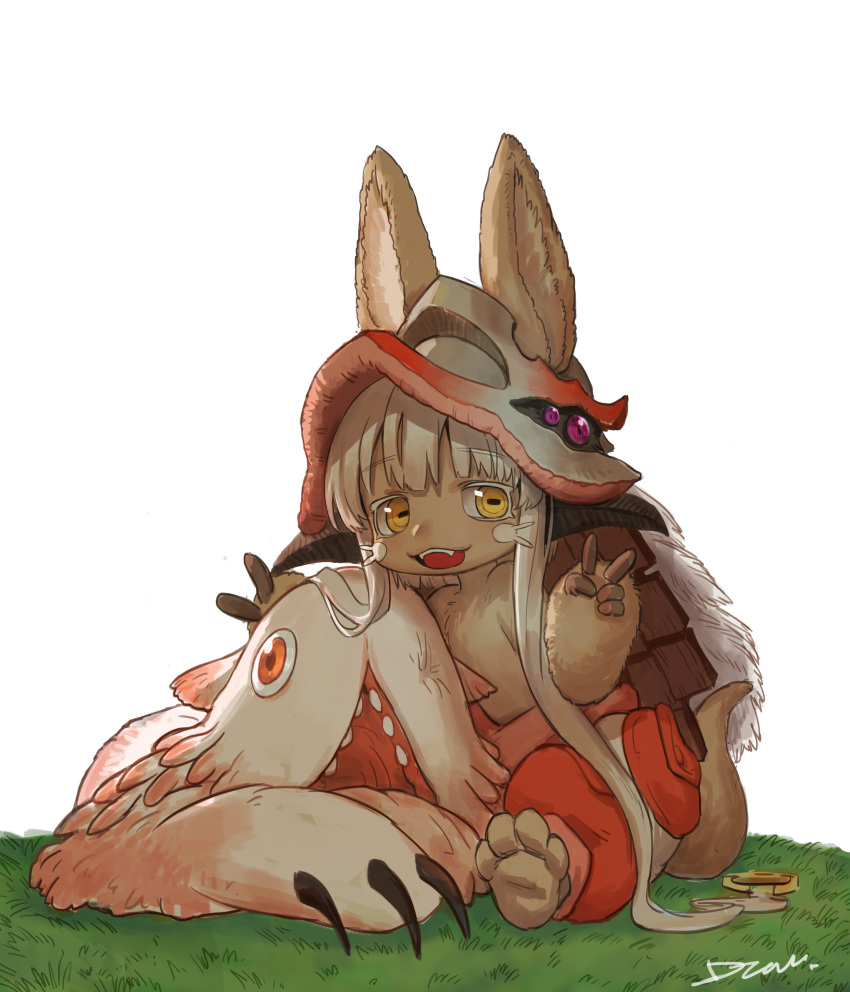 1other absurdres animal_ears barefoot bunny_ears claws devil_lo double_v eyebrows_visible_through_hair fangs frog_eyes fur furry grass hair_ornament helmet highres long_hair looking_at_viewer made_in_abyss mitty_(made_in_abyss) nanachi_(made_in_abyss) one-eyed orange_eyes orange_pants purple_eyes sitting sitting_on_ground smile tail v white_hair yellow_eyes
