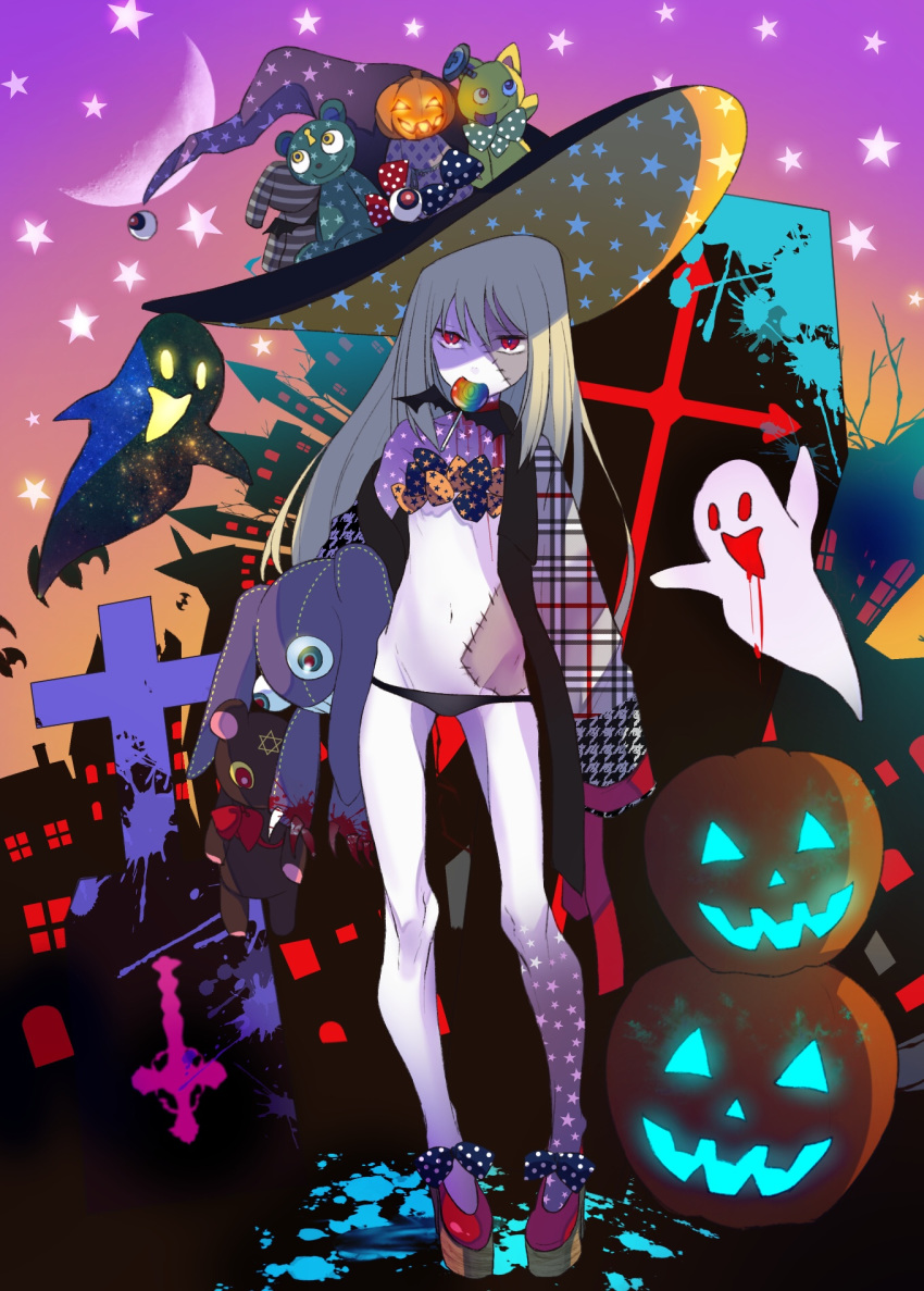 bangs black_bow black_coat black_hat black_panties blood bow claws coffin commentary crescent_moon english_commentary ghost glowing grey_hair groin hair_between_eyes halloween hat highres jack-o'-lantern kayanogura keyhole long_hair long_sleeves moon navel object_hug off_shoulder orange_bow original panties print_bow print_hat red_eyes red_footwear shoes sky sleeves_past_fingers sleeves_past_wrists solo star star_print stitches stuffed_animal stuffed_bunny stuffed_cat stuffed_toy teddy_bear tombstone underwear unmoving_pattern very_long_hair witch_hat