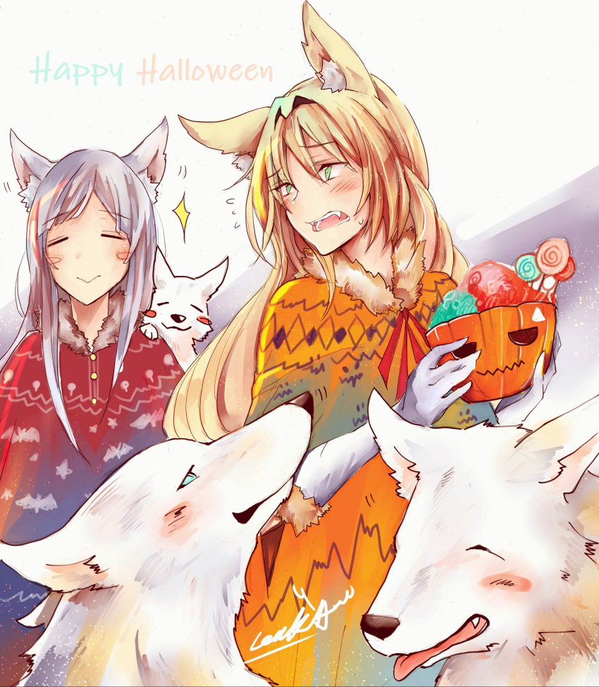 :&gt; =_= absurdres ak-12_(girls_frontline) an-94_(girls_frontline) animal animal_ears animal_on_shoulder bangs blonde_hair blush blush_stickers candy closed_eyes closed_mouth cocoka dog elbow_gloves food fox_ears fur_collar girls_frontline glint gloves green_eyes halloween halloween_basket happy_halloween highres holding lollipop long_hair multiple_girls open_mouth pumpkin silver_hair smile swirl_lollipop teeth tongue tongue_out white_gloves