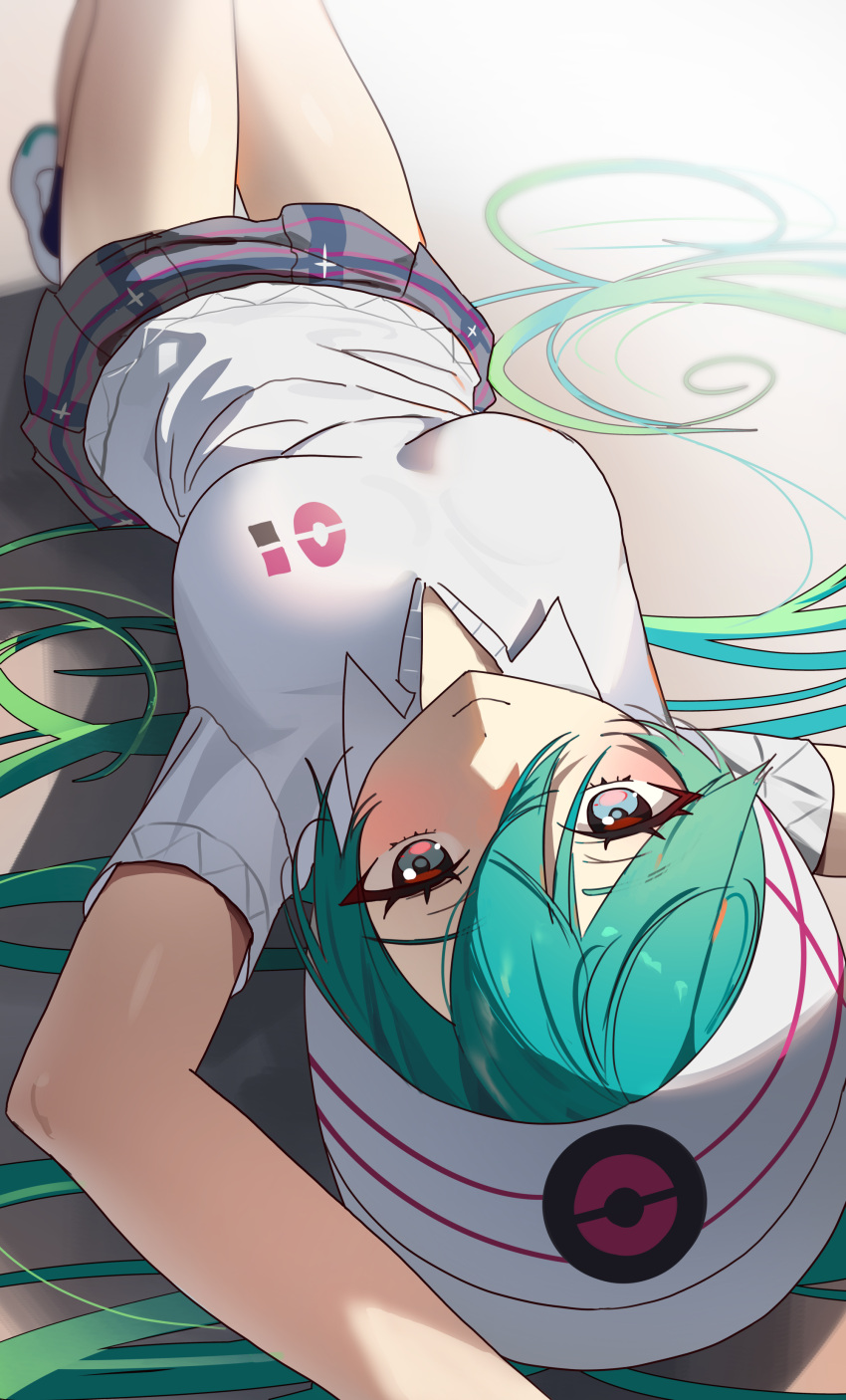 1girl absurdres aqua_eyes aqua_hair beanie collared_shirt grey_skirt hat hatsune_miku highres long_hair looking_at_viewer lying miniskirt on_back on_ground plaid plaid_skirt pleated_skirt poke_ball_symbol pokemon polo_shirt project_voltage psychic_miku_(project_voltage) shedar shirt shoes short_sleeves skirt solo twintails upside-down very_long_hair vocaloid white_headwear white_shirt