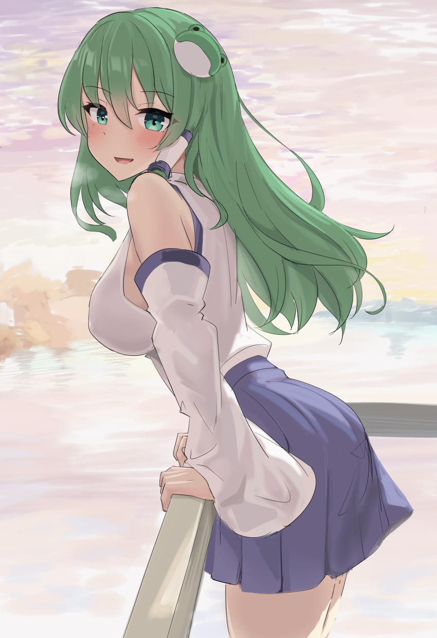 1girl absurdres bare_shoulders blue_skirt blush breasts cowboy_shot detached_sleeves frog_hair_ornament green_eyes hair_ornament highres japanese_clothes kochiya_sanae long_hair looking_at_viewer nontraditional_miko pleated_skirt sideboob skirt smile solo touhou youmu-kun