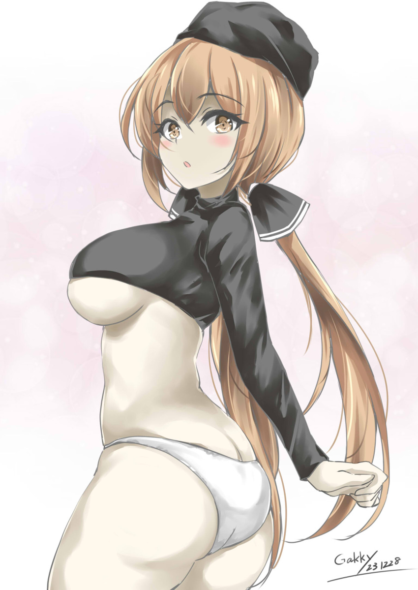 1girl black_bow black_headwear black_shirt bow breasts brown_eyes brown_hair butt_crack fur_hat gakky hair_bow hat highres kantai_collection long_hair low_twintails medium_breasts one-hour_drawing_challenge panties papakha shirt solo tashkent_(kancolle) twintails underboob underwear white_panties