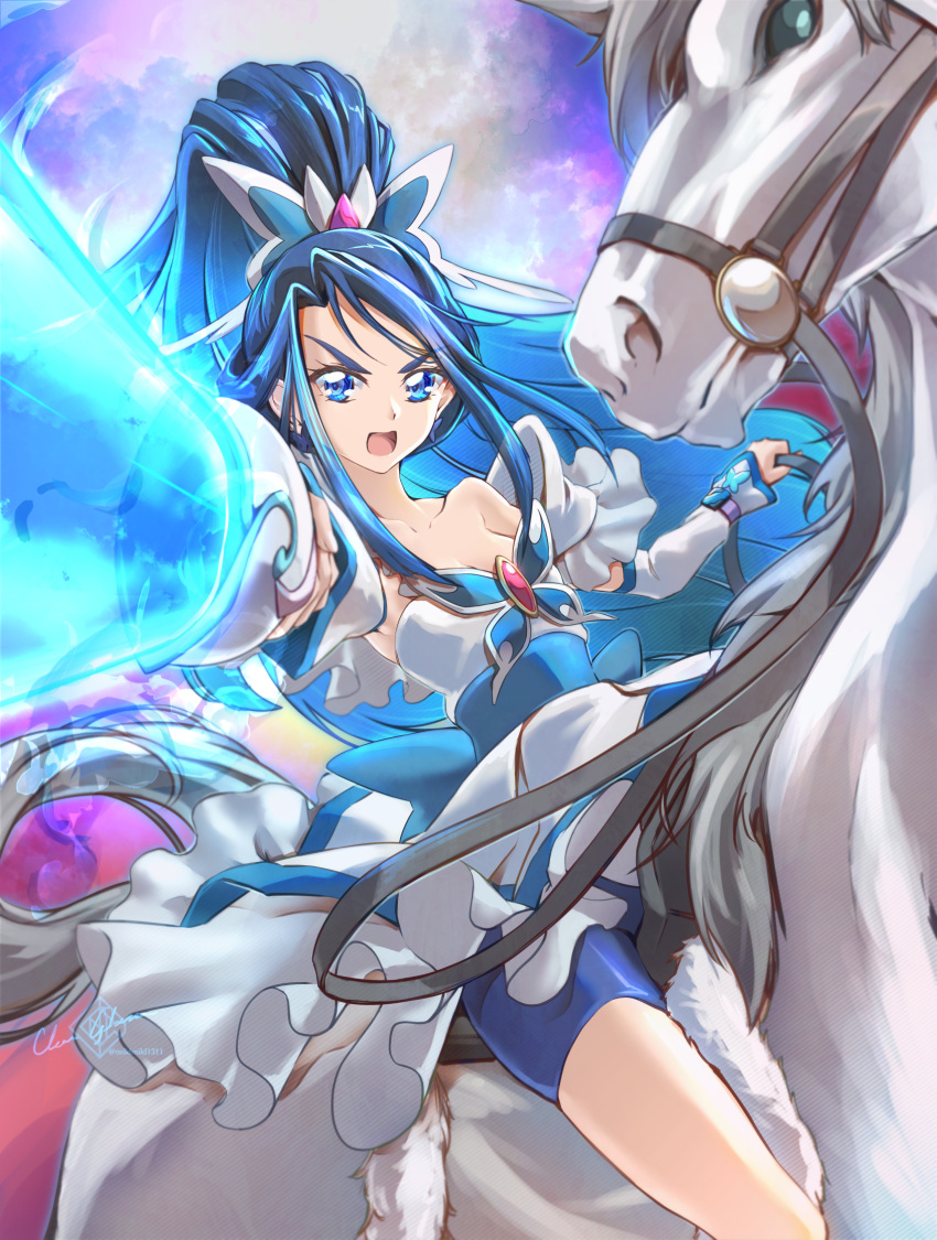 1girl animal artist_name bare_shoulders blue_dress blue_eyes blue_hair blue_shorts butterfly_brooch butterfly_earrings clear_glass_(mildmild1311) commentary_request cure_aqua dress earrings eyelashes hair_ornament high_ponytail highres horse horseback_riding jewelry long_hair looking_at_viewer magical_girl minazuki_karen open_mouth pointing pointing_at_viewer ponytail precure puffy_sleeves riding serious shorts shorts_under_dress signature solo twitter_username yes!_precure_5