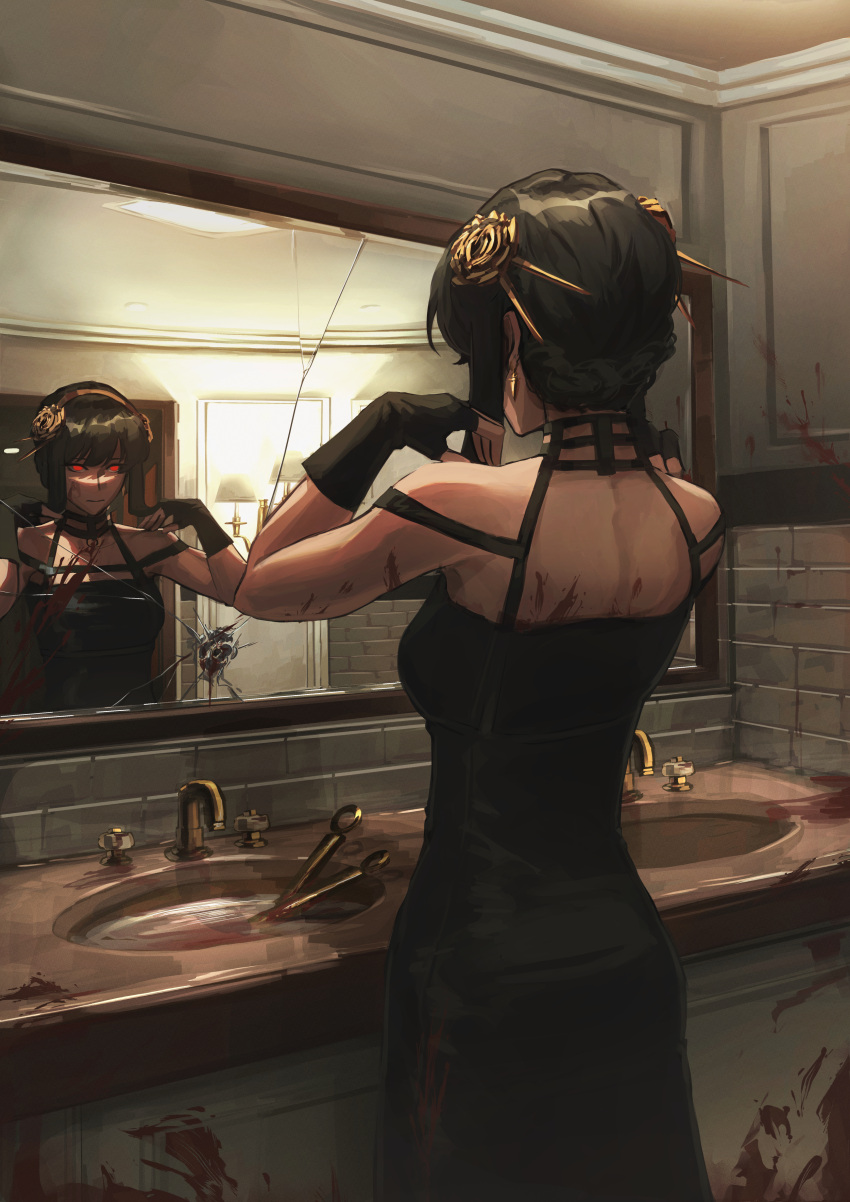 1girl absurdres black_dress black_gloves black_hair blood blood_on_clothes blood_on_face broken_mirror dagger dress earrings fingerless_gloves gloves gold_earrings gold_hairband hairband highres jewelry jongjeh knife looking_at_mirror mirror red_eyes reflection sink solo spy_x_family standing stiletto_(weapon) water weapon yor_briar