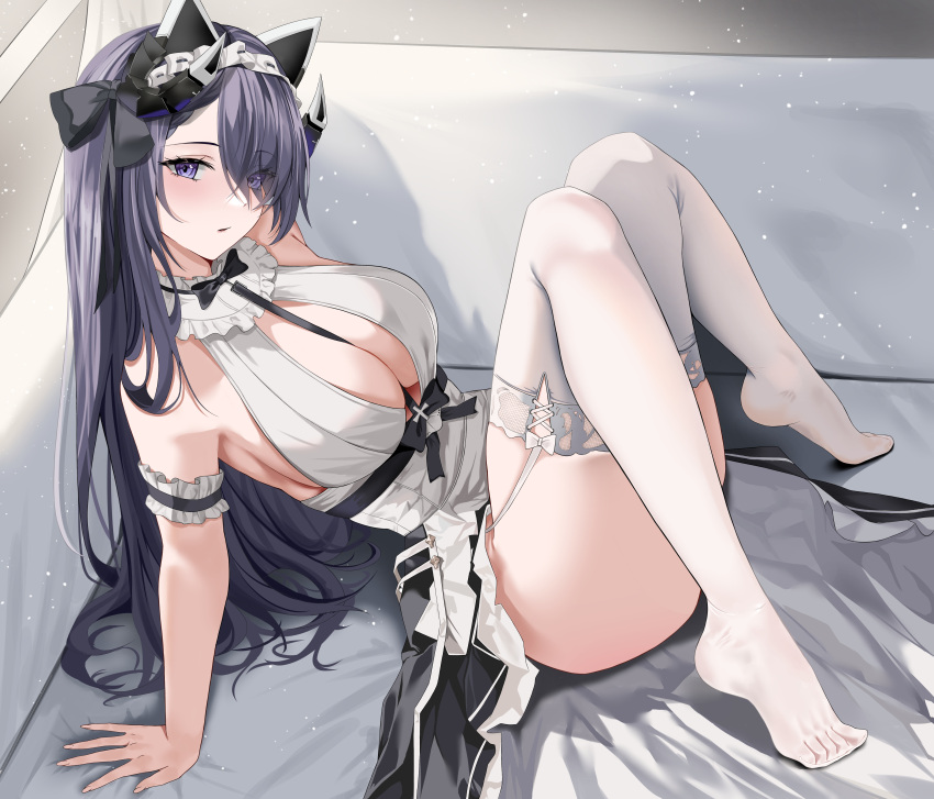 1girl absurdres arm_cuffs august_von_parseval_(azur_lane) azur_lane bare_shoulders black_bow blush bow breasts dlnk eyes_visible_through_hair garter_straps hair_bow hair_over_one_eye highres horns lace-trimmed_thighhighs large_breasts long_hair looking_at_viewer looking_to_the_side looking_up maid parted_lips purple_eyes purple_hair solo thighhighs white_thighhighs