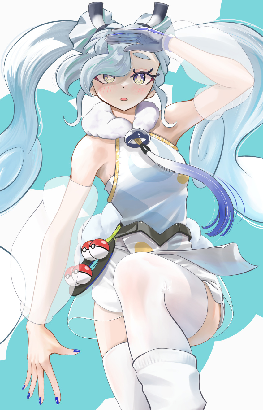 1girl absurdres bare_shoulders blue_background blue_hair blue_nails detached_sleeves flying_miku_(project_voltage) gloves grey_eyes hatsune_miku highres hxk4_n long_hair looking_at_viewer official_alternate_costume open_mouth poke_ball poke_ball_(basic) pokemon project_voltage see-through see-through_sleeves shirt short_shorts shorts single_glove sleeveless sleeveless_shirt solo thighhighs twintails vocaloid white_gloves white_shorts white_sleeves white_thighhighs