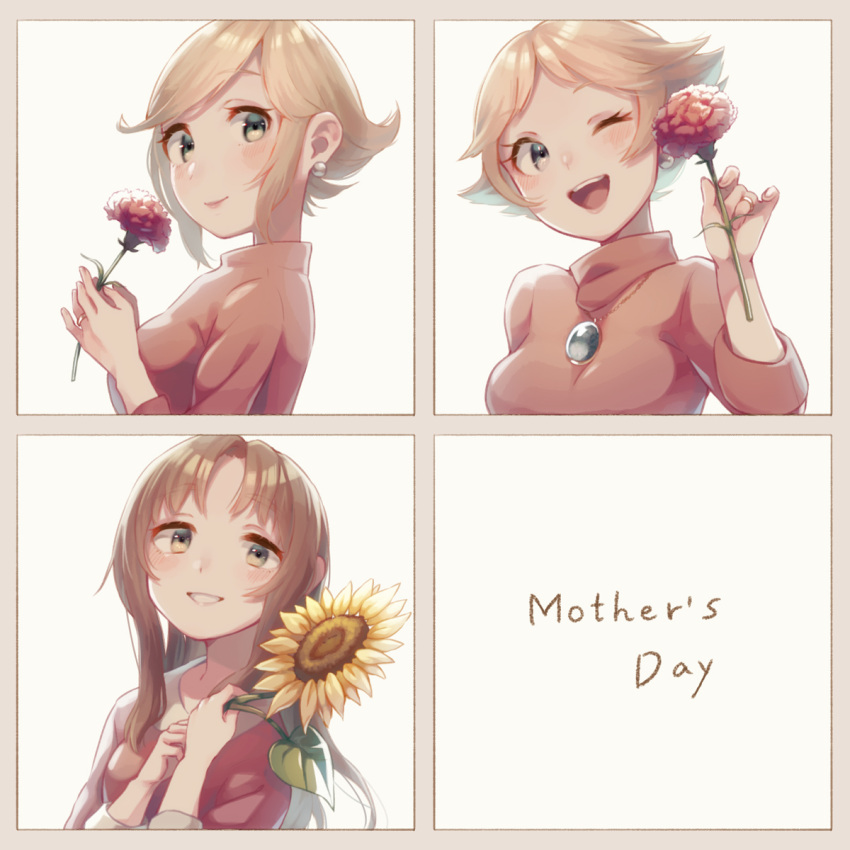 3girls blonde_hair blush brown_hair dress earrings eyelashes flower flower_request green_eyes grin highres hinawa holding holding_flower jewelry long_hair long_sleeves mother's_day mother_(game) mother_1 mother_2 mother_3 multiple_girls necklace ness's_mother ninten's_mother one_eye_closed open_mouth pink_dress ring shifumame short_hair smile wedding_ring