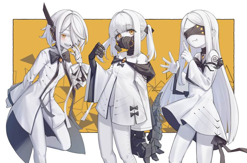 3girls absurdres albino bandaged_arm bandages bare_shoulders blindfold blue_archive blush closed_mouth coat colored_skin covered_eyes cross-shaped_pupils dress ein_(blue_archive) extra_pupils hair_intakes hair_over_one_eye highres holding_own_hair index_finger_raised long_sleeves looking_at_viewer mask mechanical_arms mechanical_tail mouth_mask multiple_girls off-shoulder_dress off_shoulder ohr_(blue_archive) open_clothes open_dress open_mouth respirator ricke_2002 short_dress short_hair smile sof_(blue_archive) symbol-shaped_pupils tail tongue tongue_out twintails white_coat white_dress white_hair white_skin wide_sleeves x-shaped_pupils yellow_eyes