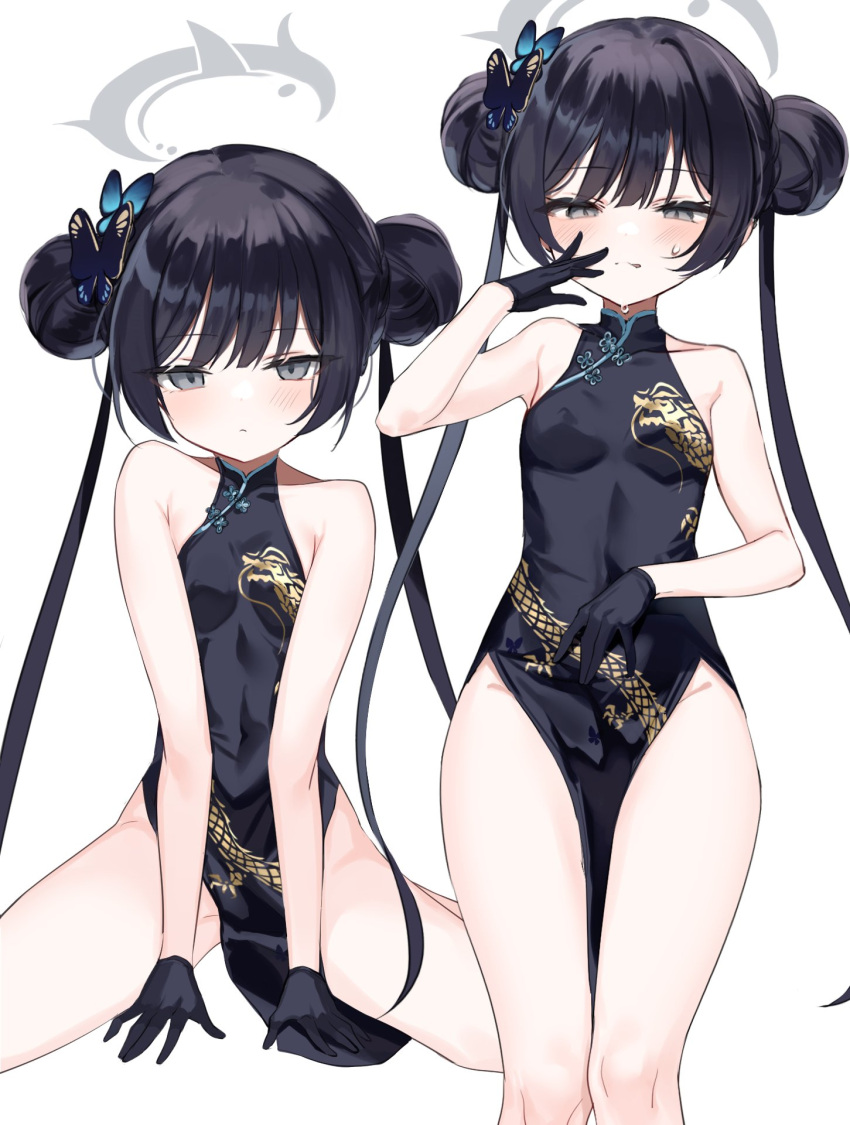 1girl bare_shoulders black_dress black_gloves black_hair blue_archive blue_eyes braid braided_bun breasts butterfly_hair_ornament china_dress chinese_clothes covered_nipples double_bun dragon_print dress gloves grey_eyes hair_bun hair_ornament halo highres kisaki_(blue_archive) long_hair looking_at_viewer multiple_views pelvic_curtain print_dress short_dress shouu-kun side_slit sleeveless sleeveless_dress small_breasts smile thighs twintails