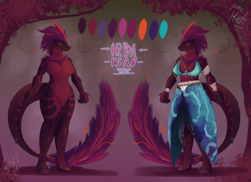 anthro belt big_breasts blue_clothing blue_dress bra breasts character_name clawed_fingers claws clothed clothing digital_media_(artwork) digital_painting_(artwork) dinosaur dragheti dragon dress dromaeosaurid feathers female hi_res hybrid irdis_(dragheti) jewelry model_sheet navel neck_tuft nude purple_body raptor_claws reptile rope rope_belt scalie signature solo spikes spikes_(anatomy) stripes tail_feathers theropod thick_thighs toe_claws tribal_clothing tuft underwear watermark whiskers yellow_eyes