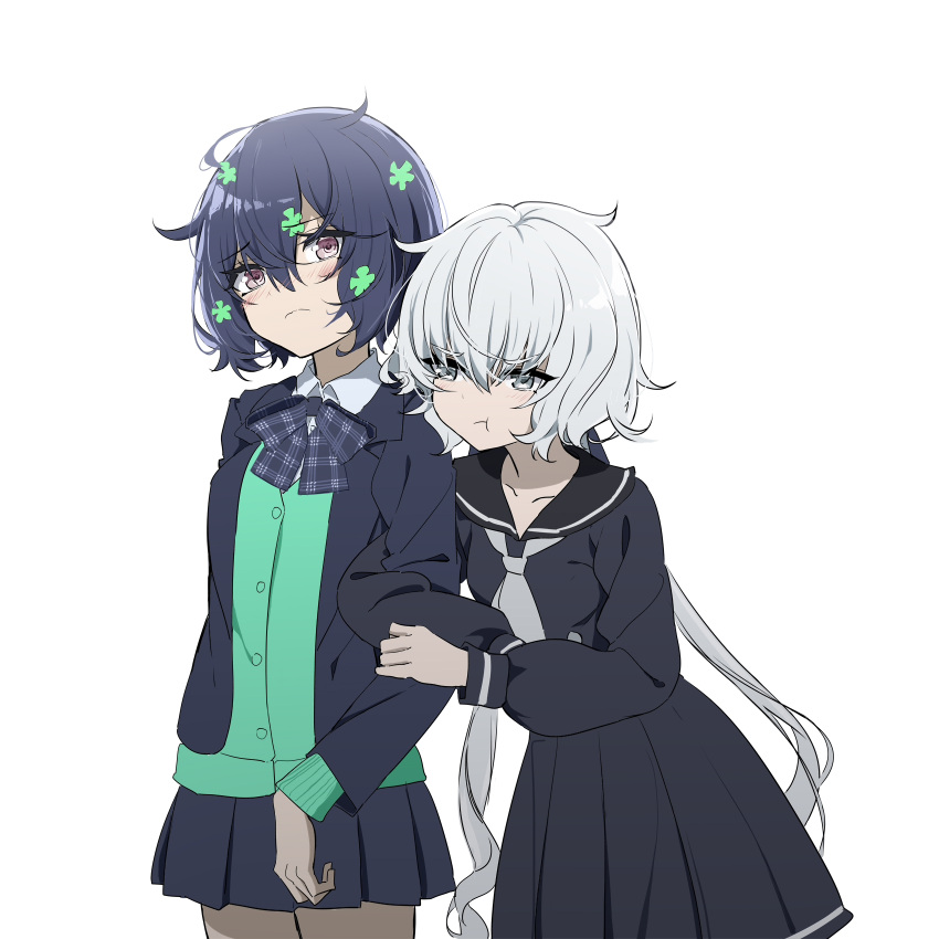 2girls arm_hug black_serafuku blazer blue_bow blue_bowtie blue_hair blue_jacket blue_shirt blue_skirt blush bow bowtie cardigan chinese_commentary closed_mouth commentary_request cowboy_shot crm green_cardigan grey_eyes grey_neckerchief hair_between_eyes highres jacket konno_junko long_hair long_sleeves mizuno_ai multiple_girls neckerchief open_clothes open_jacket pink_eyes plaid plaid_bow plaid_bowtie pleated_skirt pout school_uniform serafuku shirt short_hair simple_background skirt solo wavy_mouth white_background white_hair white_shirt yuri zombie_land_saga