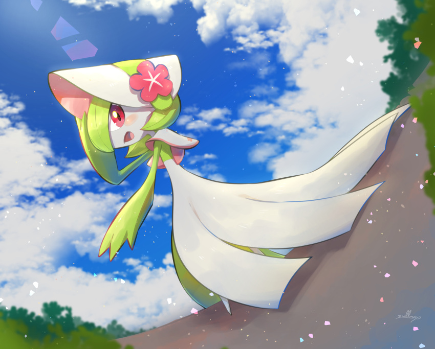 absurdres artist_name blue_sky blush cloud cloudy_sky day flower full_body gardevoir gardevoir_(fashionable) hat hat_flower highres looking_at_viewer nullma official_alternate_costume open_mouth outdoors pink_flower pokemon pokemon_(creature) pokemon_unite signature sky solo white_headwear