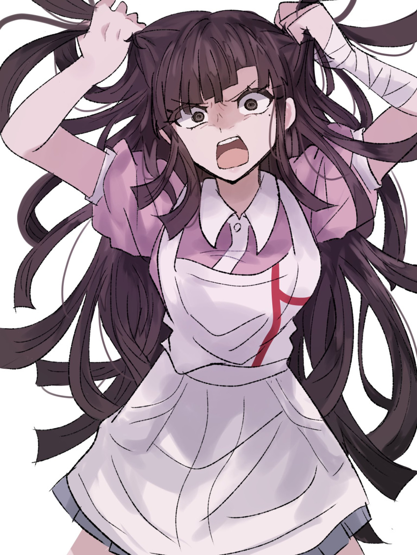 1girl angry apron bandaged_arm bandages black_hair breasts collared_shirt commentary cowboy_shot d: danganronpa_(series) danganronpa_2:_goodbye_despair grabbing_own_hair highres holding_own_hair large_breasts long_hair miniskirt mole mole_under_eye pink_shirt pleated_skirt puffy_short_sleeves puffy_sleeves ru_ma shirt short_sleeves simple_background skirt solo teeth tsumiki_mikan upper_teeth_only white_apron white_background white_shirt