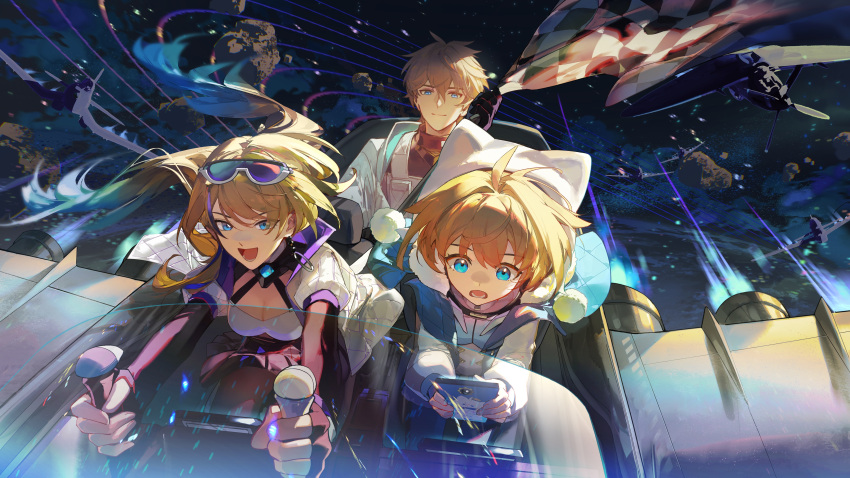 1boy 2girls absurdres alternate_costume blonde_hair blue_eyes cellphone checkered_flag closed_mouth flag gepard_landau goggles goggles_on_head highres holding holding_flag honkai:_star_rail honkai_(series) long_hair lynx_landau multicolored_hair multiple_girls official_art open_mouth phone racing rafaelaaa serval_landau short_hair siblings smartphone smile