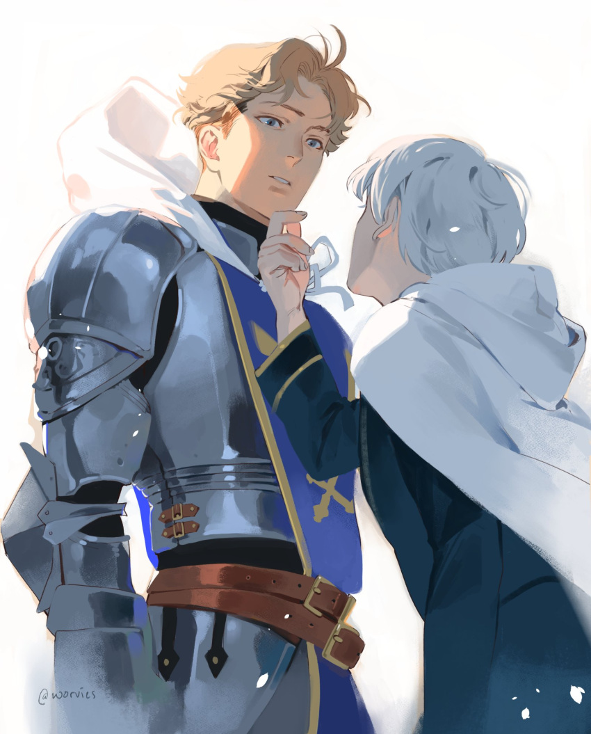 2boys alfyn_greengrass armor backlighting blonde_hair blue_eyes cloak cuirass full_armor hand_on_another's_chin height_difference highres hood hooded_cloak light_particles looking_at_another multiple_boys no_headwear octopath_traveler parted_lips short_hair therion_(octopath_traveler) twitter_username white_background white_cloak white_hair worvies