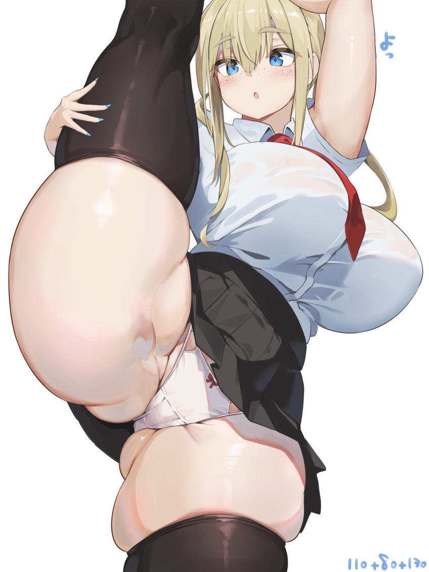 1girl :o arm_up aymusk black_skirt black_thighhighs blonde_hair blue_eyes blush breasts collared_shirt commentary_request curvy flexible freckles freckles-chan_(aymusk) highres huge_breasts nail_polish open_mouth original panties pleated_skirt school_uniform shirt short_sleeves simple_background skirt solo split standing standing_on_one_leg standing_split thick_thighs thighhighs thighs underwear white_background white_panties white_shirt