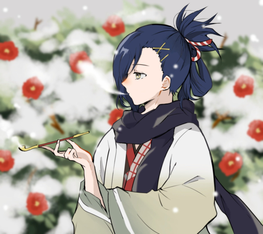 1boy blue_hair fire_emblem fire_emblem_engage folded_ponytail hair_ornament highres holding japanese_clothes kagetsu_(fire_emblem) kimono long_sleeves looking_to_the_side male_focus medium_hair oda32t scarf smoking smoking_pipe solo upper_body yellow_eyes