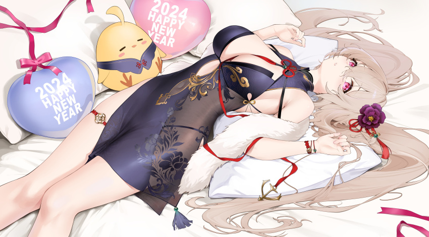 1girl absurdres anchorage_(azur_lane) azur_lane bare_shoulders bed_sheet breasts brown_hair china_dress chinese_clothes covered_navel dress flower hair_between_eyes hair_flower hair_ornament happy_new_year highres janload1ng large_breasts long_hair lying manjuu_(azur_lane) navel on_back on_bed open_mouth pillow ribbon solo twintails