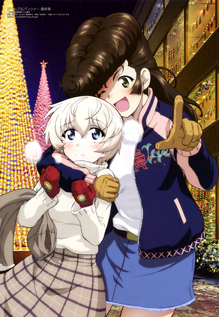 2girls :d absurdres arm_around_neck belt blue_eyes blue_jacket blue_skirt blush brown_gloves brown_hair brown_jacket brown_skirt building christmas christmas_lights christmas_tree closed_mouth collarbone girls_und_panzer gloves green_eyes hair_between_eyes highres index_finger_raised jacket long_hair long_sleeves looking_at_another looking_at_viewer mittens multiple_girls night one_eye_closed open_mouth outdoors pointing pompadour red_mittens shirt skirt smile standing sugimoto_isao sweater turtleneck turtleneck_sweater unworn_jacket white_hair white_shirt white_sweater youko_(girls_und_panzer) yuri yuri_(girls_und_panzer)