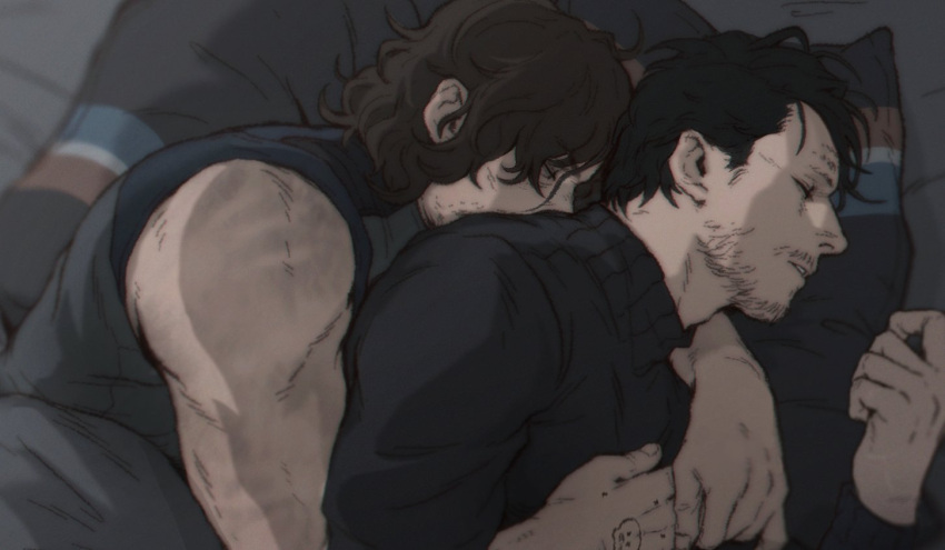 2boys bed bed_sheet black_hair black_sweater closed_eyes couple death_stranding facial_hair grey_tank_top hamms_hamss hand_tattoo higgs_(death_stranding) hug hug_from_behind male_focus multiple_boys on_bed sam_porter_bridges short_hair sleeping sweater tank_top tattoo yaoi