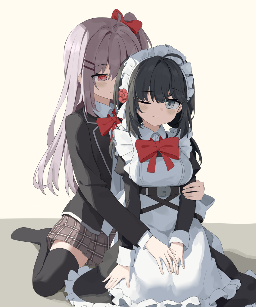 2girls absurdres ahoge apron arm_grab black_footwear black_hair black_jacket black_thighhighs blazer blush book bow bowtie brown_skirt candy chinese_commentary closed_mouth collared_shirt commentary_request crm dress_shirt food grey_bow grey_bowtie grey_eyes hair_bow highres jacket long_hair long_sleeves maid maid_apron maid_headdress medium_hair multiple_girls no_shoes one_eye_closed open_book original pink_hair plaid plaid_skirt pleated_skirt pussy_juice reading red_bow red_bowtie red_eyes school_uniform shirt side_ponytail sidelocks simple_background sitting skindentation skirt thighhighs wavy_mouth white_apron white_background white_shirt yuri zettai_ryouiki