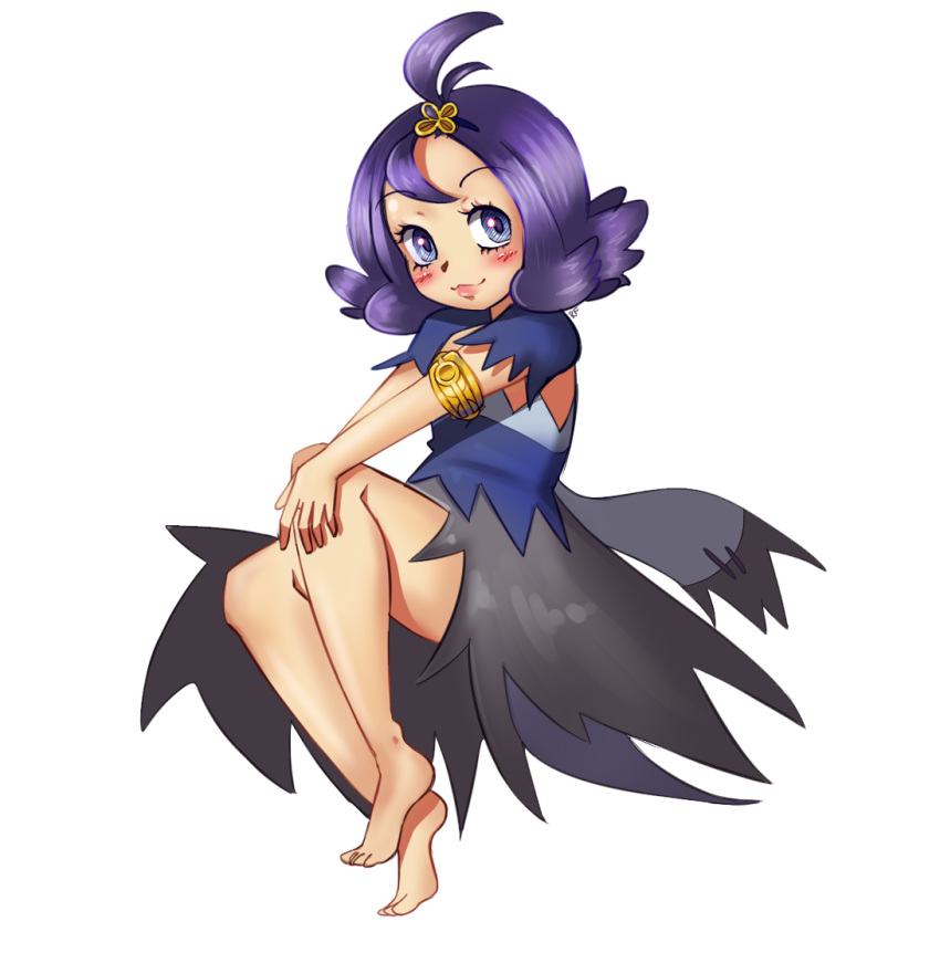 1girl acerola_(pokemon) ahoge armlet artist_name bad_link barefoot blush hair_ornament hands_on_own_knees invisible_chair lipstick makeup pokemon purple_eyes purple_hair rf_(4chan) sitting solo transparent_background