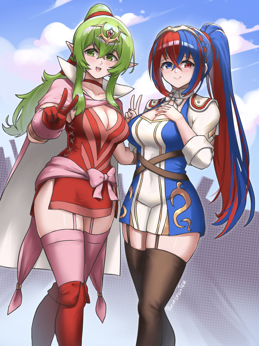 2girls :d absurdres alear_(female)_(divine_attire)_(fire_emblem) alear_(female)_(fire_emblem) alear_(fire_emblem) artist_name blue_eyes blue_hair blush breasts burnt_green_tea cape cleavage closed_mouth crossed_bangs dress fire_emblem fire_emblem_awakening fire_emblem_engage gloves green_eyes green_hair hair_between_eyes heterochromia highres large_breasts long_hair looking_at_viewer multicolored_hair multiple_girls open_mouth pointy_ears ponytail red_dress red_eyes red_gloves red_hair smile thighhighs tiara tiki_(adult)_(fire_emblem) tiki_(fire_emblem) two-tone_hair v