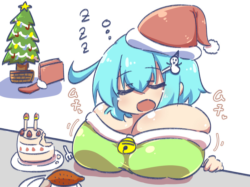 blue_hair breasts bursting_breasts christmas cleavage eejii gigantic_breasts highres huge_breasts impossible_clothes impossible_shirt large_breasts shirt short_hair shortstack sleeping tight_clothes tight_shirt