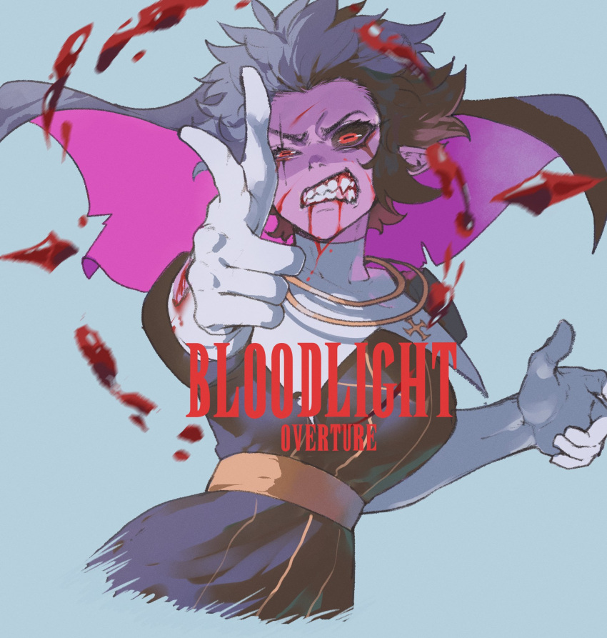 1girl black_hair black_sclera blood blue_background clenched_teeth colored_sclera cross elbow_gloves english_text gloves habit hemokinesis highres injury nun nyantcha original pointing red_eyes scar scar_across_eye sharp_teeth sister_almonde_(nyantcha) solo spiked_hair teeth