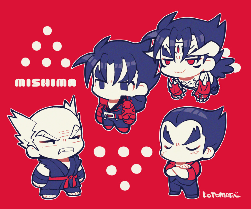 4boys :3 arms_at_sides balding belt chest_tattoo closed_mouth devil_jin dougi facial_hair forehead_jewel hood hood_down kazama_jin kotorai limited_palette male_focus mishima_heihachi mishima_kazuya multiple_boys mustache no_nose old old_man scar scar_on_cheek scar_on_face signature studded_gloves tattoo tekken thick_eyebrows v-shaped_eyebrows vest wings