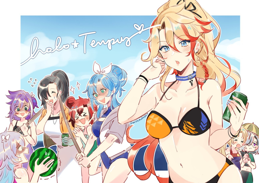 6+girls axel_syrios banzoin_hakka beach bikini black_gloves black_hair blonde_hair blue_eyes blue_hair blue_sky border breasts can cloud coll_(erichankun) collar earrings english_commentary english_text gavis_bettel genderswap genderswap_(mtf) gloves grey_hair hair_between_eyes high_ponytail holding holding_can holding_watermelon holostars holostars_english holotempus jewelry josuiji_shinri long_hair looking_at_viewer machina_x_flayon magni_dezmond male_focus medium_breasts midriff multicolored_hair multiple_boys multiple_girls navel noir_vesper open_mouth outside_border pink_hair purple_hair red_hair regis_altare short_hair sky sweat swimsuit two-tone_hair umbrella upper_body virtual_youtuber white_border