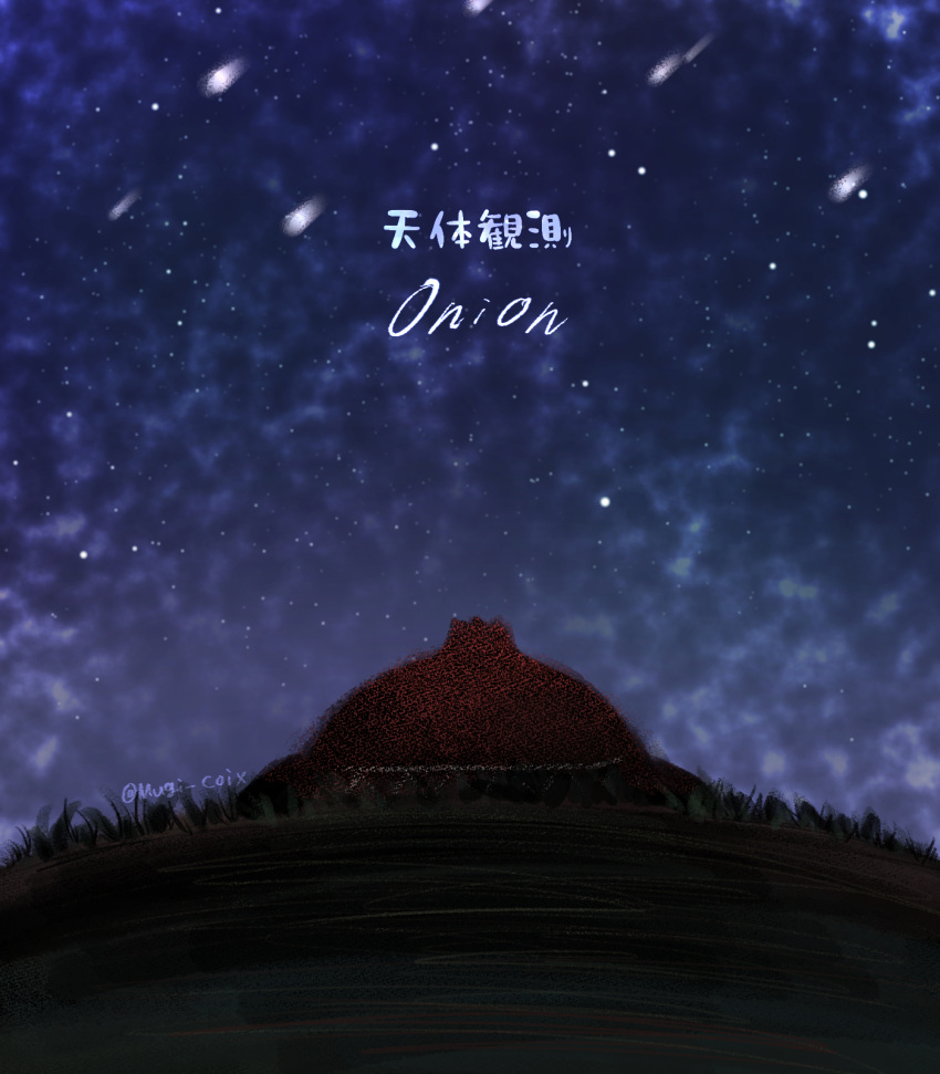 buried commentary_request english_text grass highres meteor_shower mixed-language_text night night_sky no_humans object_focus onion_(pikmin) outdoors pikmin_(series) sky star_(sky) starry_sky twitter_username usuba_(hatomugip)