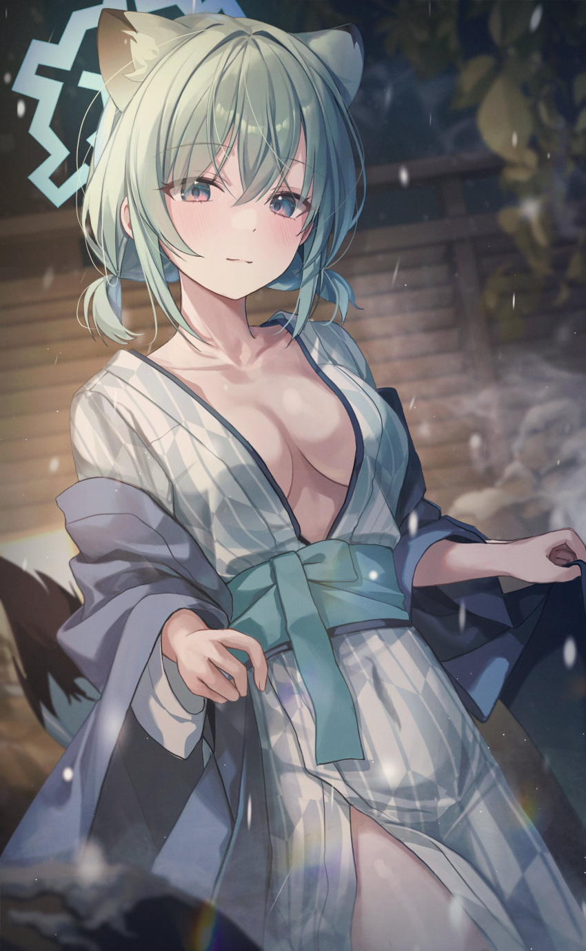 1girl absurdres animal_ears bath_yukata blue_archive blue_halo blush breasts closed_mouth cowboy_shot green_hair grey_kimono hair_between_eyes halo highres japanese_clothes kimono large_breasts light_smile long_sleeves medium_hair myowa obi official_alternate_costume purple_eyes sash shigure_(blue_archive) shigure_(hot_spring)_(blue_archive) solo tail weasel_ears weasel_tail wide_sleeves yukata